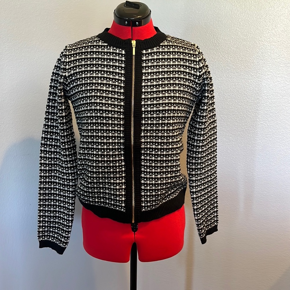 Black and white knit zipper closure cardigan